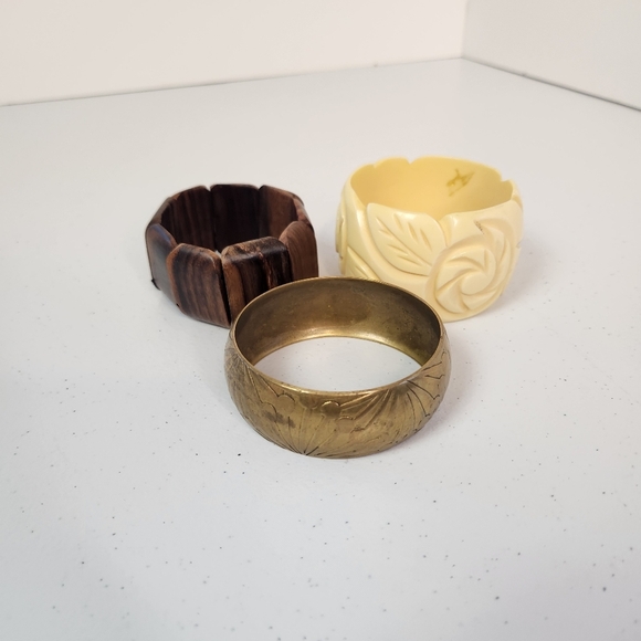 Vintage Brass Wood Bangle Bracelet Set Floral Roses Boho Bohemian Jewlery 1970s - Picture 10 of 10
